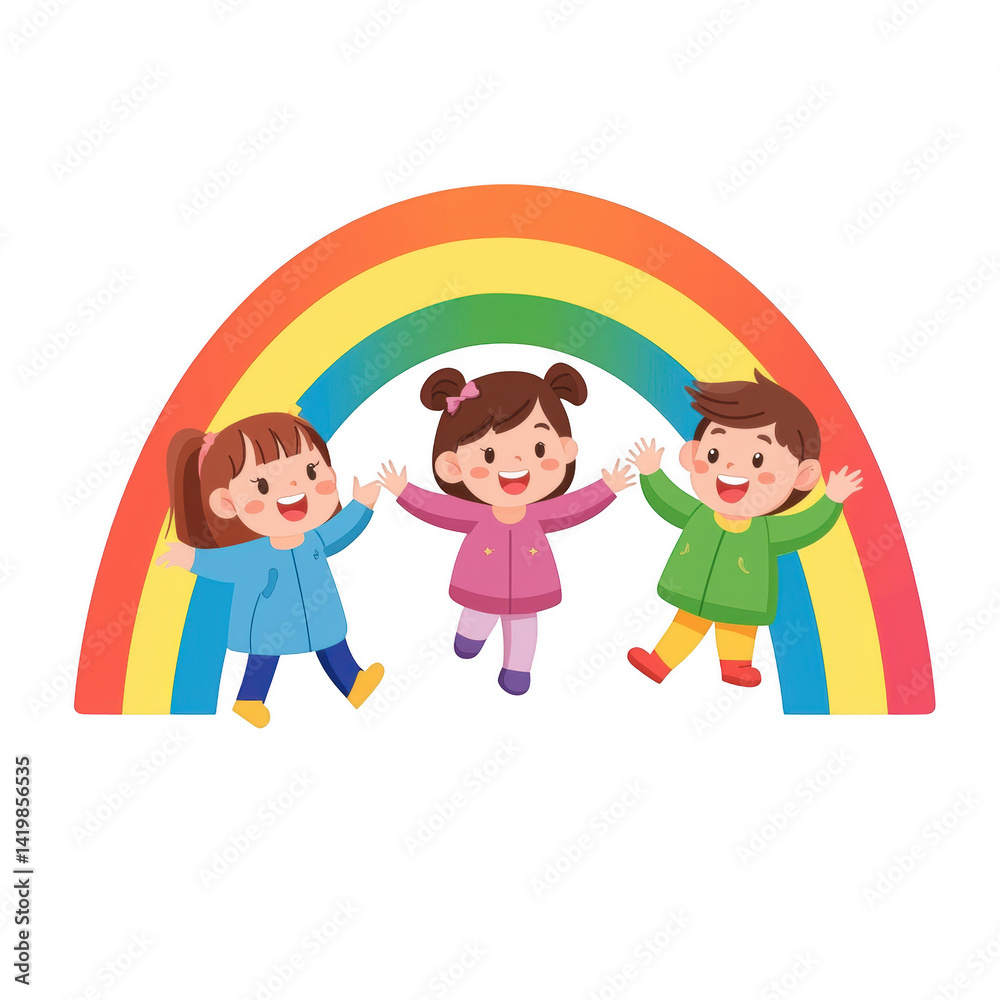 Three happy children playing under a colorful rainbow, showcasing joy and friendship in a vibrant, playful setting. Three happy children playing under a colorful rainbow, showcasing joy and friendship in a vibrant, playful setting.