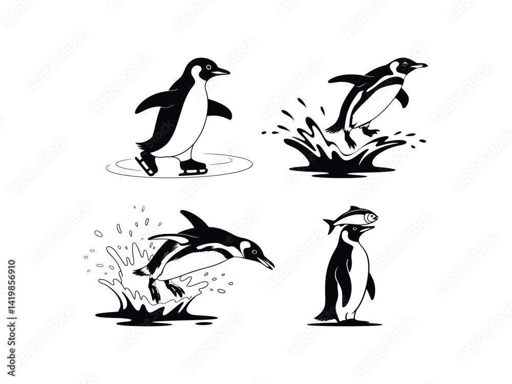 Obraz premium Penguin Sports Activity Vector Silhouettes Collection