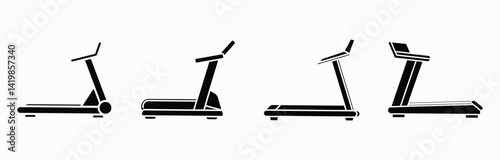 Treadmill and running machine silhouette icons set for fitness, gym, and workout illustrations, shown in various styles