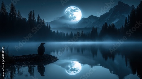 Silhouetted bird on moonlit lake, serene mountain landscape