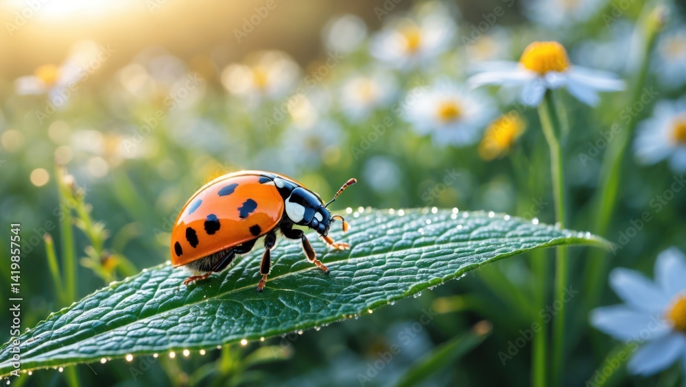 Fototapeta premium Ladybug Resting on Leaf in Meadow with Dewdrops at Sunrise