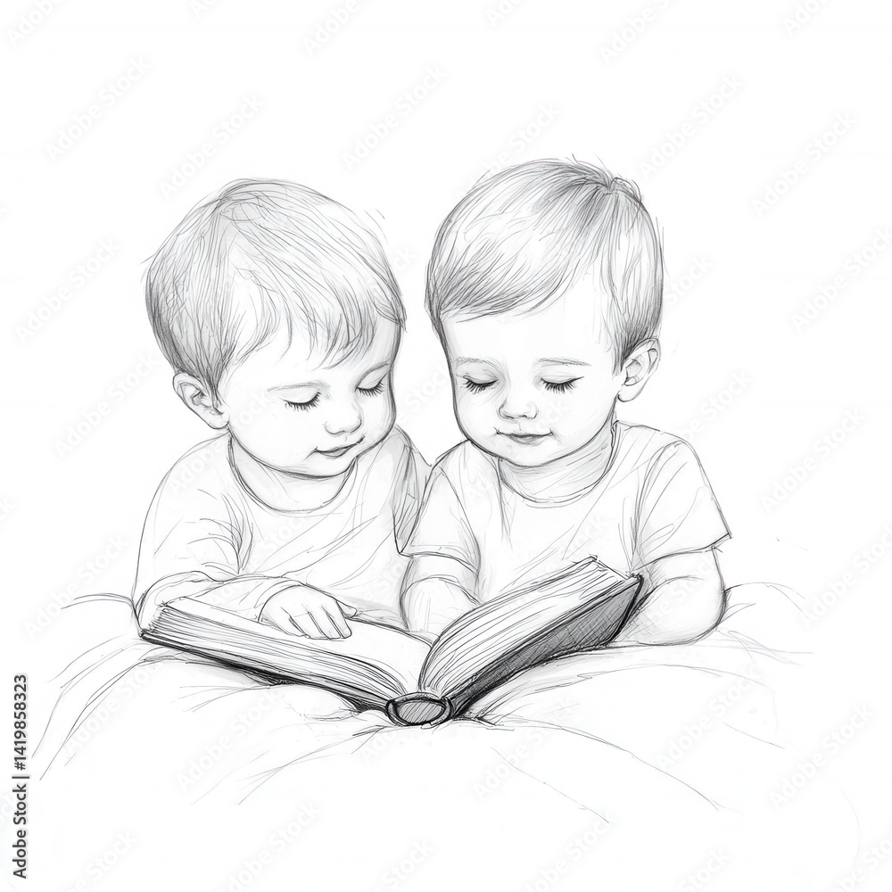Two adorable babies reading a book together, showcasing curiosity and bonding in an engaging manner, perfect for family themes and children's education.
