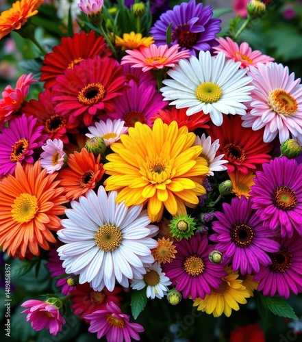 Vibrant garden flower bouquet, diverse blossoms arranged artfully, tulips, photography