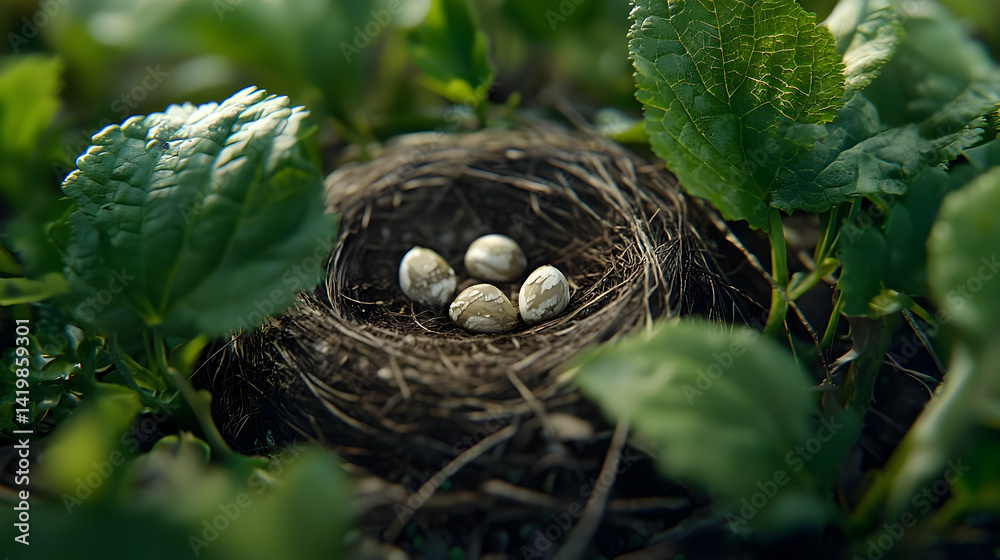 Fototapeta premium Bird Nest With Eggs In Lush Greenery