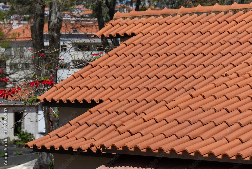 Naklejka premium Terracotta Rhythms of Madeira Rooftops – A Glimpse into Traditional Architecture