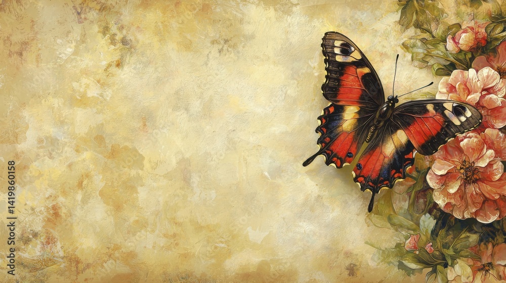 Obraz premium Beautiful butterfly with vibrant red and black wings flutte near pink flowers against a textured vintage background perfect for nature and sp themes