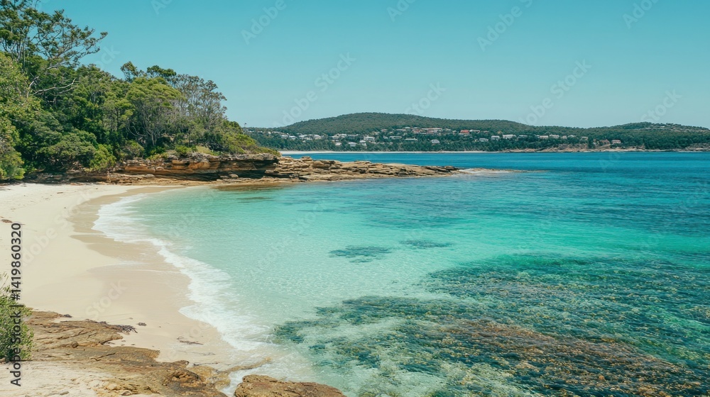 A beautiful beach featuring clear water and surrounding greenery A beautiful beach featuring clear water and surrounding greenery