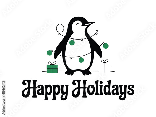 Happy Holidays Penguin with String Lights - Festive Vector