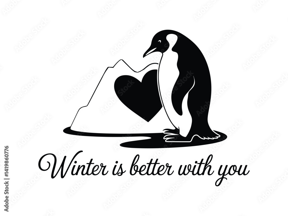Obraz premium Winter Penguin with Heart Iceberg - Love Vector
