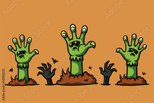 Zombie hands silhouette. Creepy zombie crooked lambs stick out of graveyard ground illustration set. Halloween zombie hands. Halloween and nightmare, creepy and evil zombie.