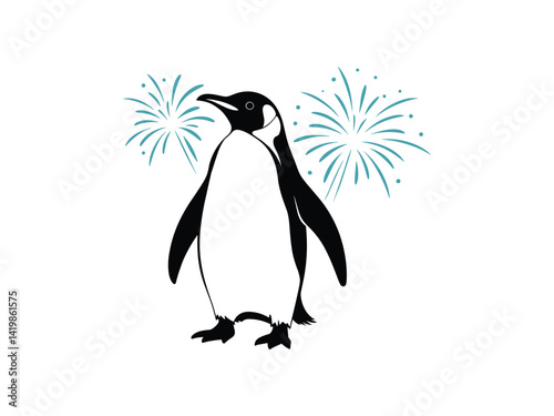Penguin with Fireworks Celebration Vector