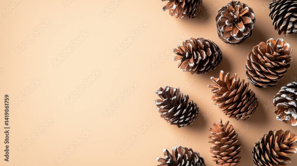 Collection of pine cones scattered on a beige background, natural decorative items for winter and autumn theme, rustic holiday decoration, eco-friendly design Collection of pine cones scattered on a beige background, natural decorative items for winter and autumn theme, rustic holiday decoration, eco-friendly design