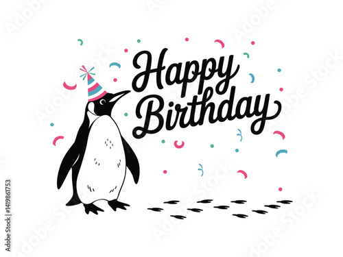 Happy Birthday Penguin with Party Hat - Celebration Vector
