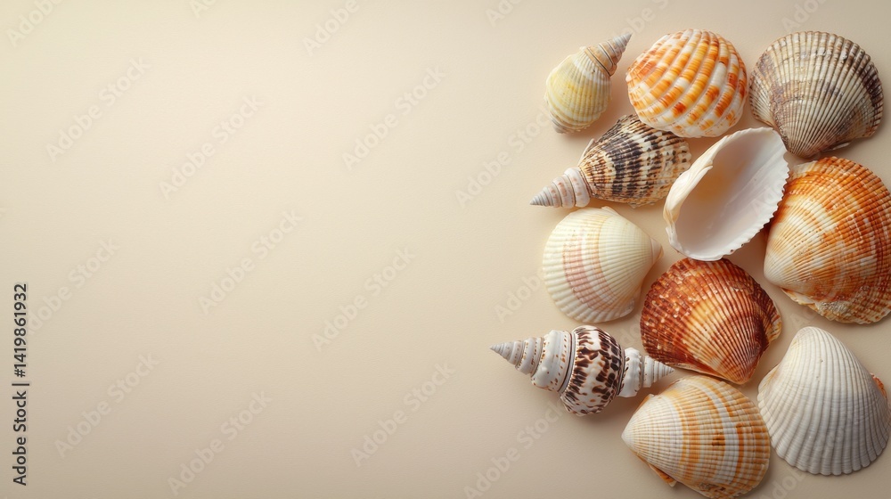 Collection of various seas including striped, spiral, and plain s arranged on a light background perfect for beach, ocean, summer, and nature themes Collection of various seas including striped, spiral, and plain s arranged on a light background perfect for beach, ocean, summer, and nature themes