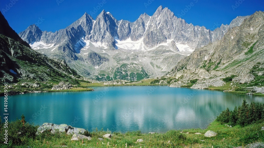Majestic snow capped mountains overlooking calm reflective alpine lake