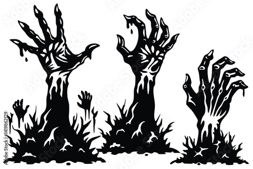 Zombie hands silhouette. Creepy zombie crooked lambs stick out of graveyard ground illustration set. Halloween zombie hands. Halloween and nightmare, creepy and evil zombie.