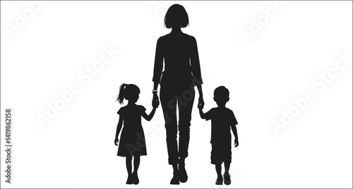 Silhouette Of Mother Walking With Children Holding Hands On White Background