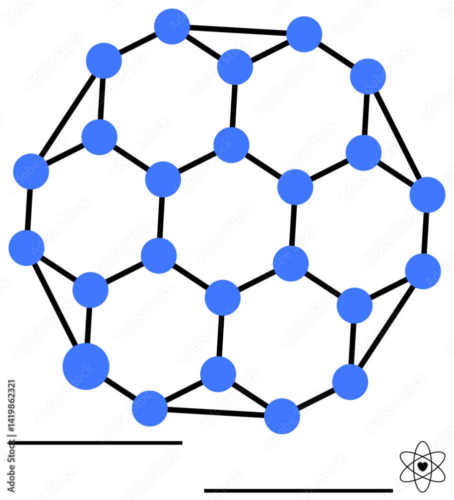 Graphical representation of a fullerene molecule with blue atoms and connecting black bonds, symbolizing scientific research, chemistry, nanotechnology, and innovation. Ideal for education, science Graphical representation of a fullerene molecule with blue atoms and connecting black bonds, symbolizing scientific research, chemistry, nanotechnology, and innovation. Ideal for education, science