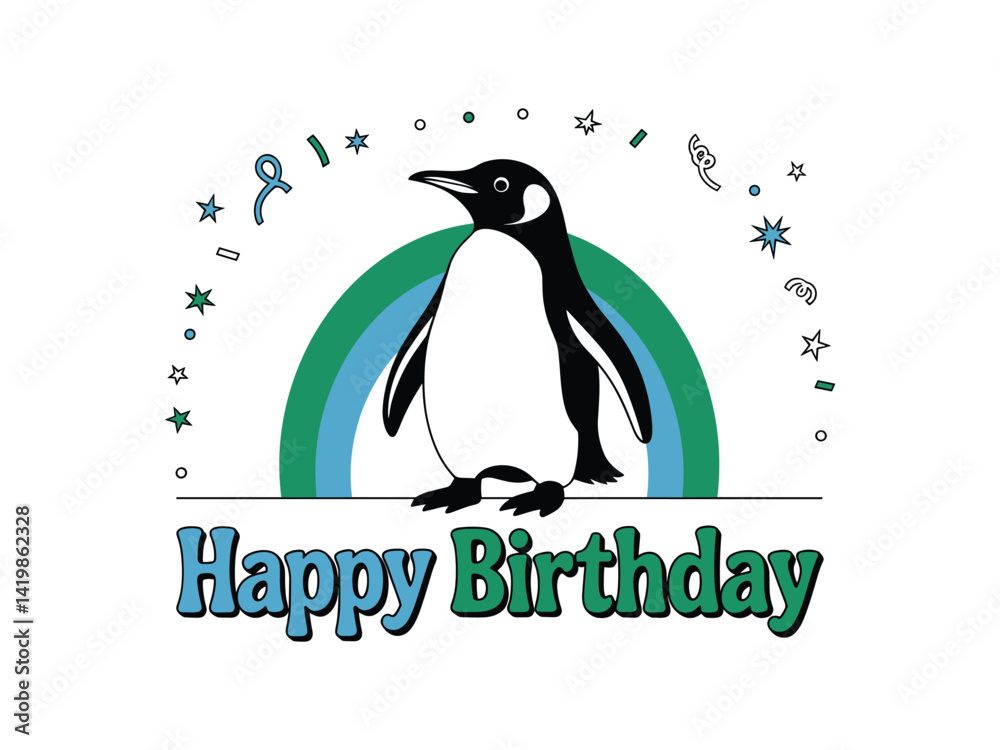Obraz premium Happy Birthday Penguin with Rainbow Confetti - Celebration Vector