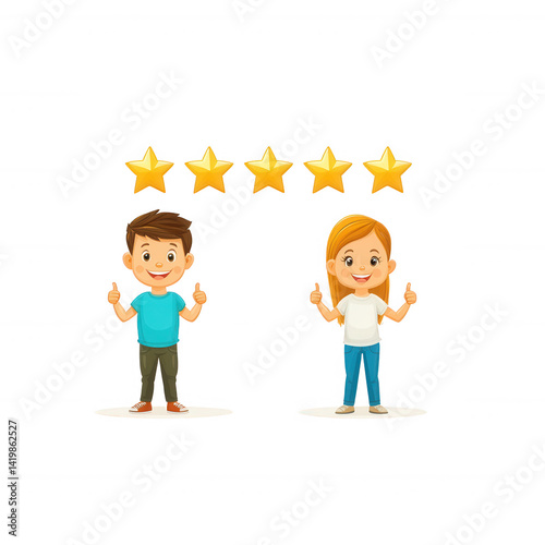 Two happy cartoon characters giving thumbs up with five golden stars above them, representing customer satisfaction and positive feedback, isolated on a white background.