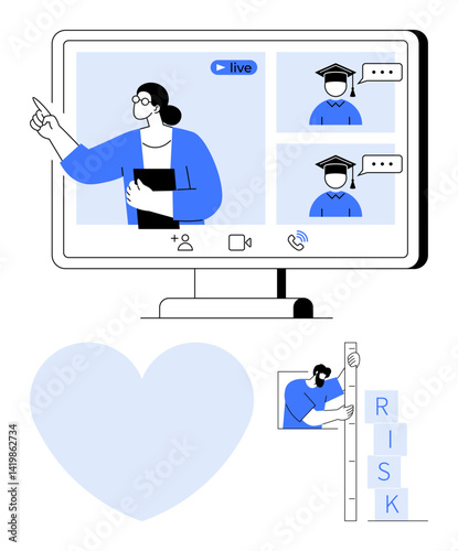 Teacher delivering lesson on screen with students in graduation caps, heart symbol, risk stacking blocks. Ideal for education, online training, teamwork, coaching, mentorship, virtual events simple