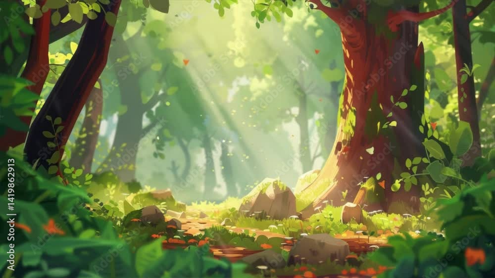 A serene forest scene with sunlight streaming through lush trees, creating a peaceful atmosphere.