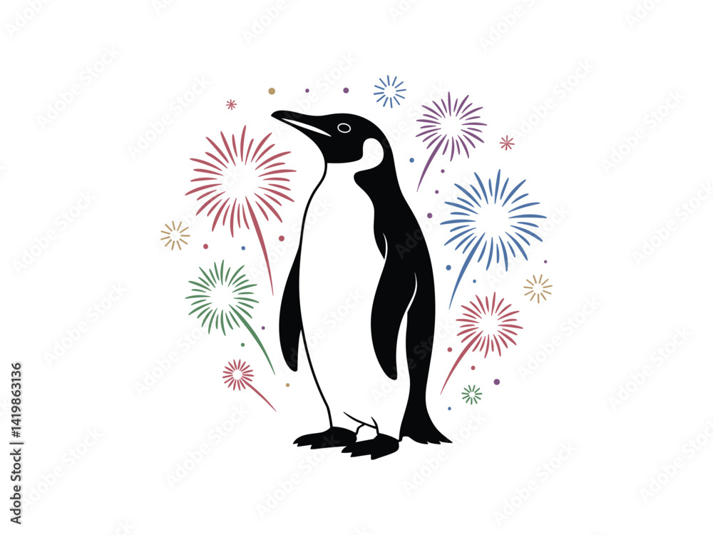 Obraz premium Penguin with Bursting Fireworks - Colorful Celebration Vector