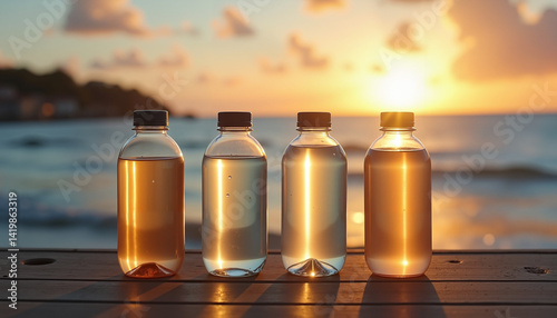 Reusable water bottles on wooden pier at sunset in inspirational style, warm natural light promoting sustainability and ocean conservation photo