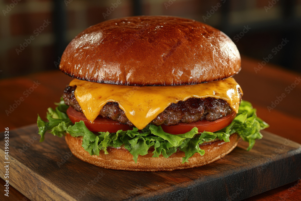 A cheeseburger with lettuce, tomatoes, and cheese stacked on a sesame seed bun. A cheeseburger with lettuce, tomatoes, and cheese stacked on a sesame seed bun.