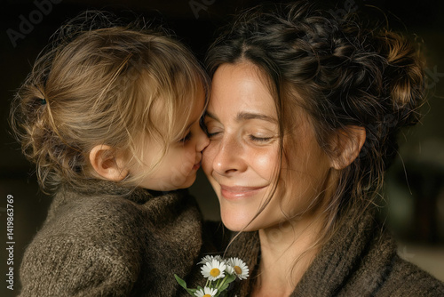 Portrait tendre d'une maman recevant un bisou ou des fleurs de la part de son enfant – scène chaleureuse, naturelle et émouvante pour la fête des mères ou l’amour familial photo