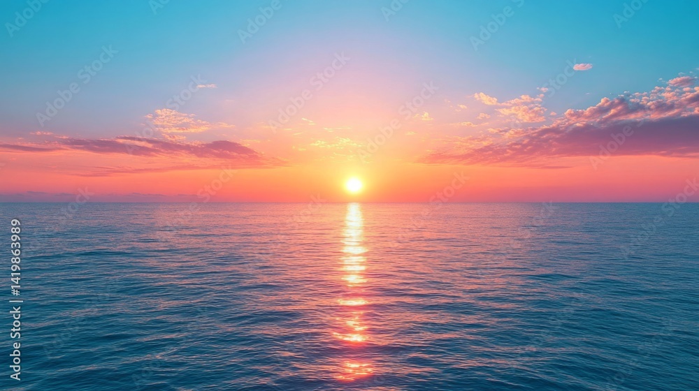 Obraz premium Vibrant Pink And Orange Sunset Over Calm Ocean Water