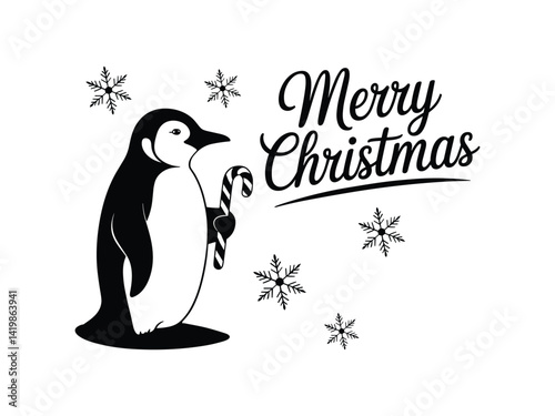Merry Christmas Penguin with Candy Cane and Snowflakes - Festive Vector
