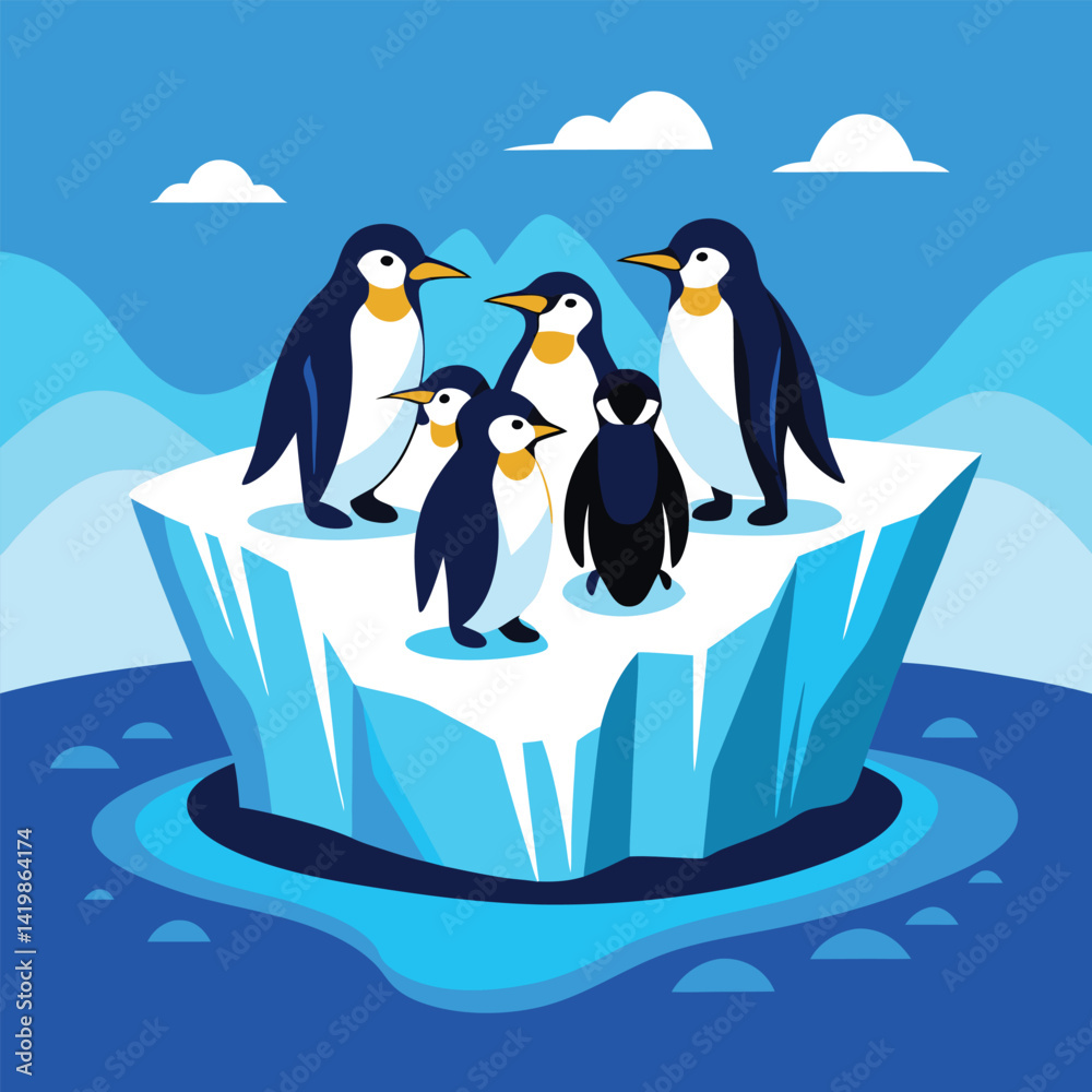 Obraz premium A group of Adélie penguins huddles together on a bright blue and white iceberg floating in the ocean.