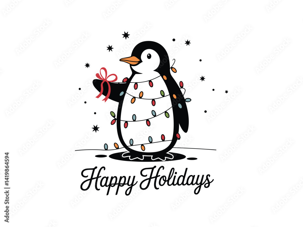 Obraz premium Happy Holidays Penguin with Lights Vector