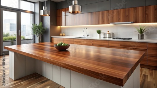 Modern kitchen island with rich wood countertop and sleek cabinetry