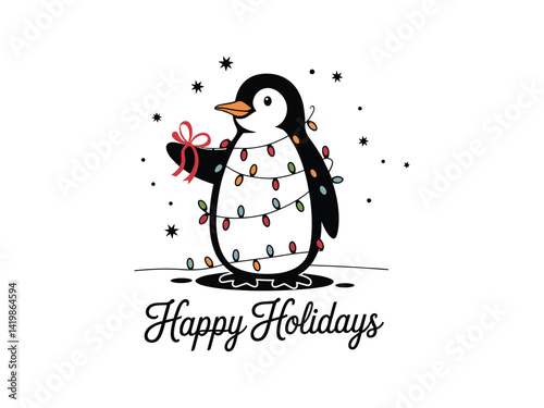 Happy Holidays Penguin with Lights Vector