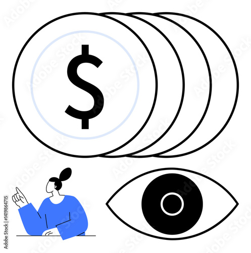 Stacked coins with dollar sign, an eye icon, and a person gesturing underlines financial awareness, analysis, transparency, vision, monitoring, planning, and strategy for a simple landing page