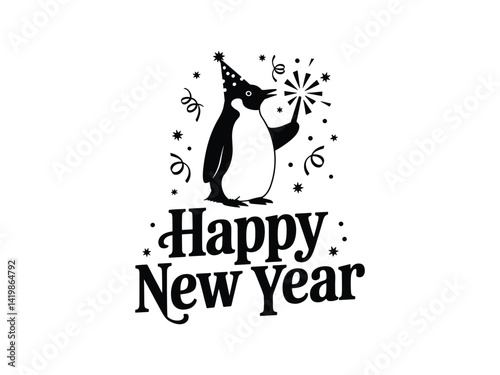 Happy New Year Penguin Sparkler Vector