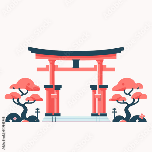 Stylish Japanese Torii Gate Vector Illustration – Traditional Shrine Entrance on White Background