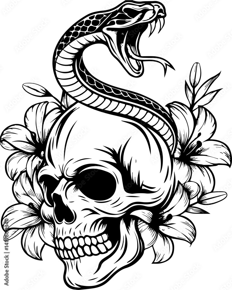 Fototapeta premium Dark Gothic skull and floral fusion design in SVG format.Snake Wrapped Around Skull with Floral Elements in Black and White Design