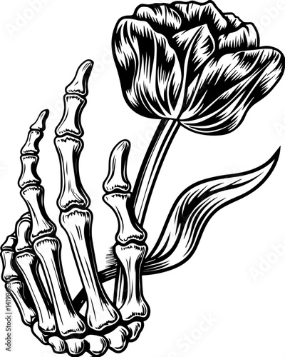 Dark Gothic skull and floral fusion design in SVG format.Skeleton Hand with Tulip Flower in Black and White Vintage Style Illustration