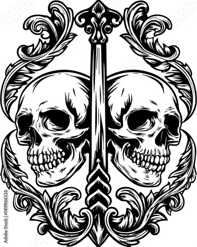 Dark Gothic skull and floral fusion design in SVG format.Intricate Black and White Skull Design with Ornate Flourishes and Sword