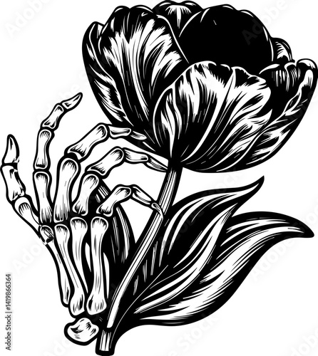 Dark Gothic skull and floral fusion design in SVG format.Skeleton Hand Holding Tulip Flower in Artistic Black and White Illustration