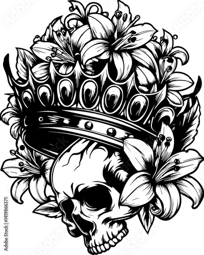 Dark Gothic skull and floral fusion design in SVG format.Skull with Floral Crown Illustration in Black and White Design