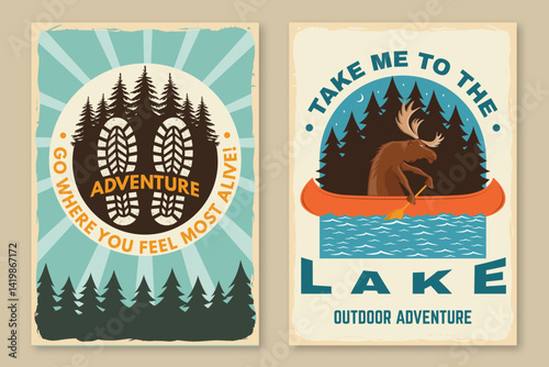 Outdoor adventure flyer, poster, banner design. Vector. Concept for shirt or logo, print, stamp or tee. Vintage typography design with moose in canoe, lake and forest silhouette