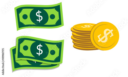 Paper money clipart.Green banknote one dollar bills in different poses flat icon cartoon isometric style. Money, banknote, investment, finance, wealth, budget concept Image of dollar money set 