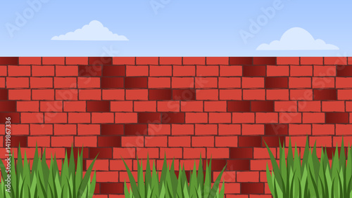 Architecture wall building construction. Brickwall brown texture background. Vintage style design with sky and grass view 