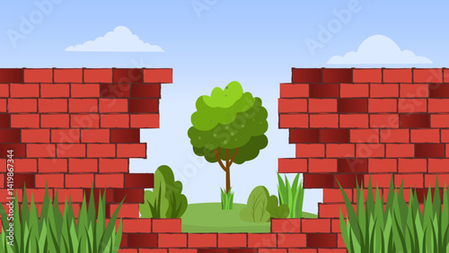 Architecture wall building construction. Broken brickwall brown texture background with sky and grass view and green landscape behind 