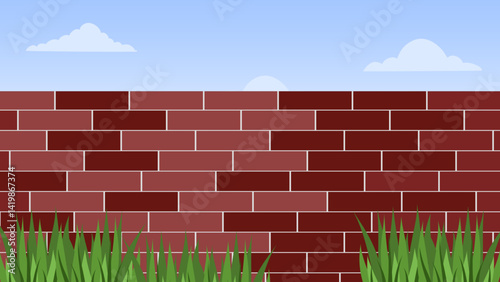 Architecture wall building construction. Brickwall burgundy texture background with sky and grass view 
