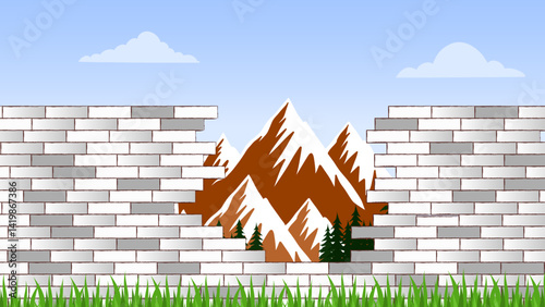 Architecture wall building construction. Broken brickwall white texture background with sky and grass view and mountains landscape behind 